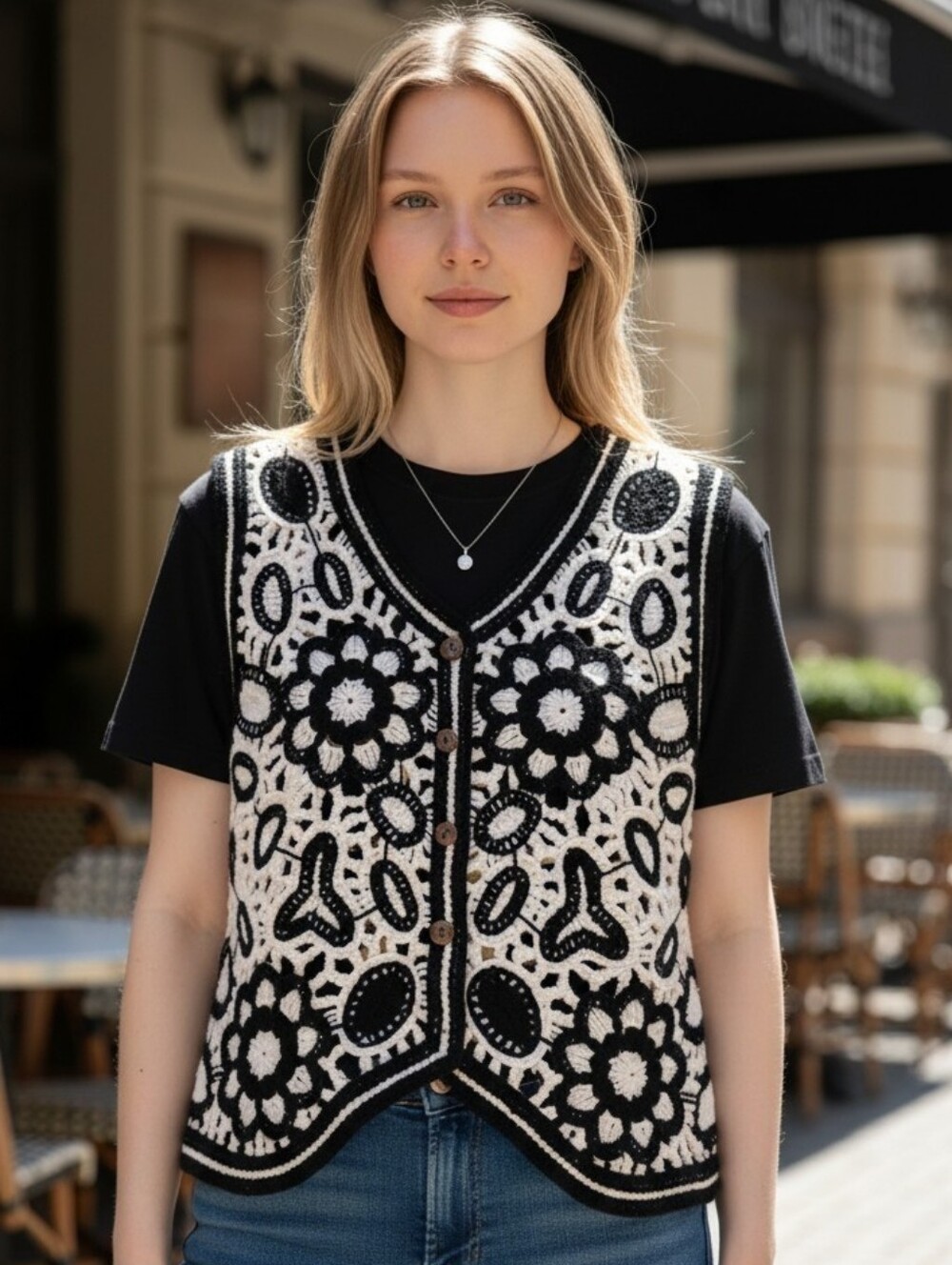 Black and Cream Floral Knit Button-Front Vest #JAC26